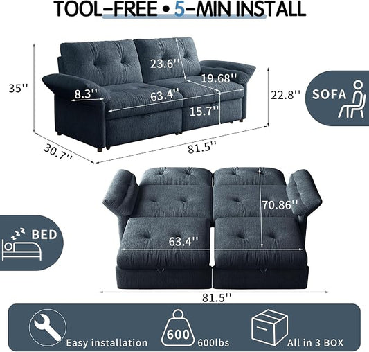 81.5" Pull Out Sofa Bed Full Size, Pre-Assembled Chenille Sleeper Sofa, Convertible Loveseat Futon Couch with Tufted, Pillows, for Apartment, Living Room, Small Spaces, dorms, Blue