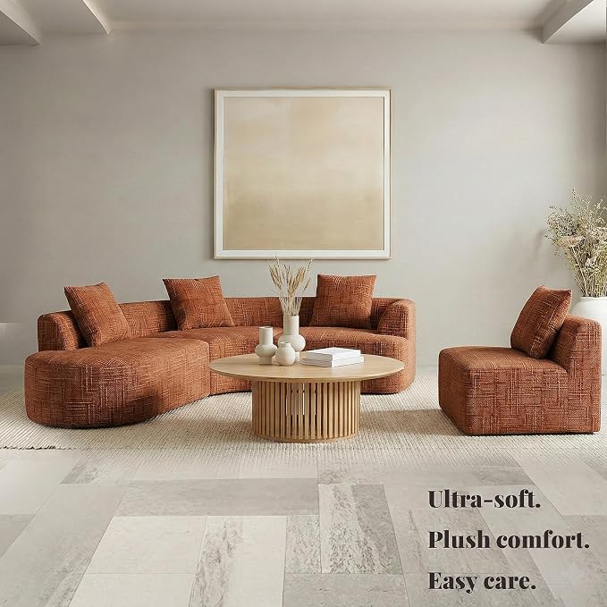 123" Curved Modular Sectional Sofa for Living Room, Oversized Chenille Cloud Couch, L-Shaped Boneless Sofa with Chaise Lounge, Compressed Couch Deep Seat, No Assembly (Rust, L-Shape Left Chaise)