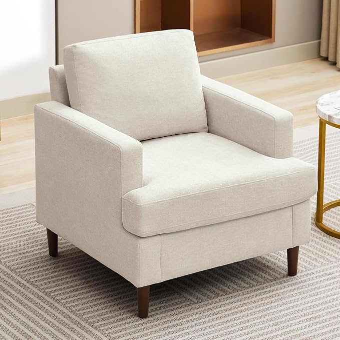 Weture Mid-Century Accent Chair,Modern Linen Fabric Armchair for Living Room,Comfy Upholstered Reading Accent Chairs for Bedroom,Single Sofa Chair with Wood Legs (Beige, 1 Pack)