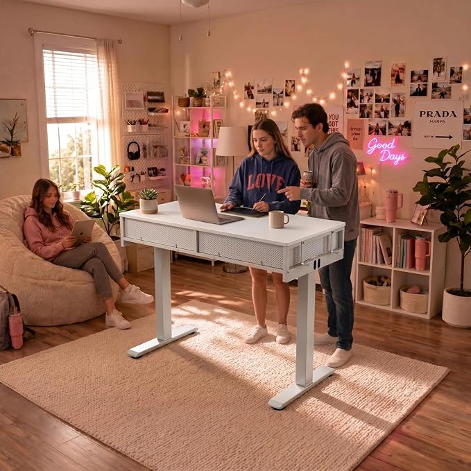 KLUVIS White Electric Standing Desk with Drawers, 39 Inch Small Adjustable Desk with Storage, Sit Stand Computer Study Writing Desks for Small Space Home Office, Stand Up Work Desks for Walking Pad