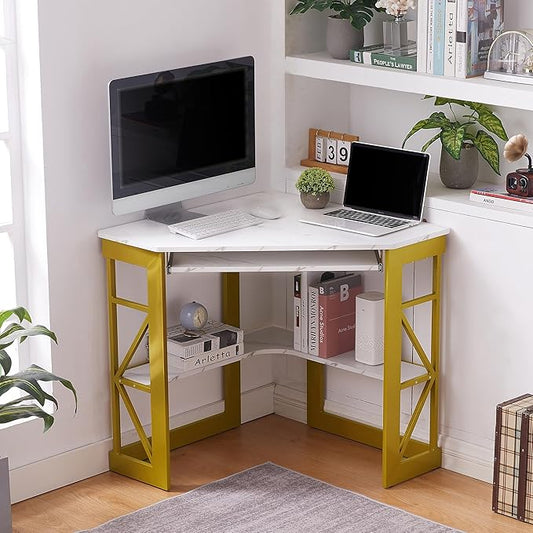 VECELO Corner Computer Desk 41 x 30 inches with Smooth Keyboard & Storage Shelves for Home Office Workstation,White & Gold