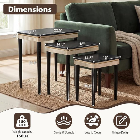 Hyfirm Black Side Table End Table Nesting Tables Set of 3, Retro Nesting Tables with Veneered Top & Gold Trim, Mid Century Modern Nesting Wood Coffee Tables for Living Room/Bedroom/Apartment