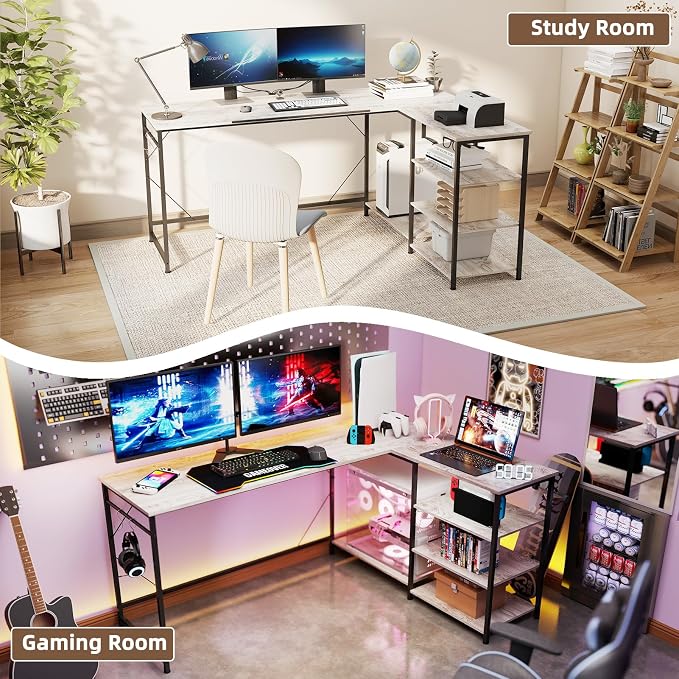 YOSHOOT 63" L Shaped Computer Desk, Gaming Desk | Office Desk with Open Shelves, Corner Desk L Shape for Home Office Work Study, Grey