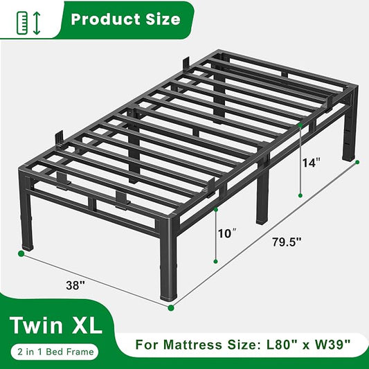 ROIL 14 Inch Twin XL Bed Frame, Double Layer Metal Bed Frame with Round Corner Legs, 4000LBS Bed Frame & Box Spring 2 in 1 Platform with Headboard Holes Mattress Baffles, Noise-Free Easy Assembly