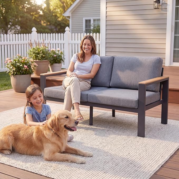 Aluminum Outdoor Loveseat, 2-Seat Patio Furniture Loveseat with 1.5mm Powder-Coated Frame, Anti-Hot Armrest & Waterproof Removable Cushions, Weather Resistant Outdoor Sofa for Backyard Porch Gray