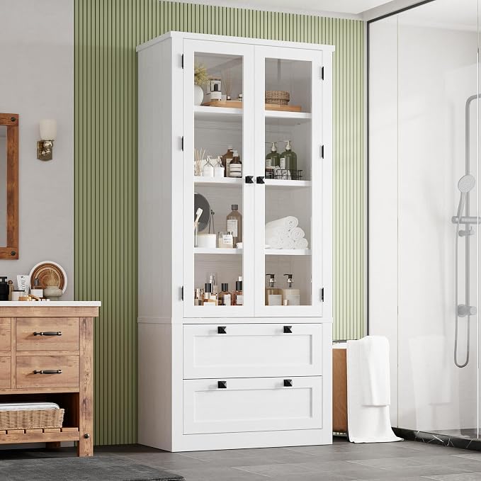 72" Tall Kitchen Pantry Cabinet - Modern Display Storage Cabinet with 2 Large Drawers, Glass Doors, and Adjustable Shelves, Farmhouse Kitchen Cupboard for Dining Room, Bathroom, Living Room, White
