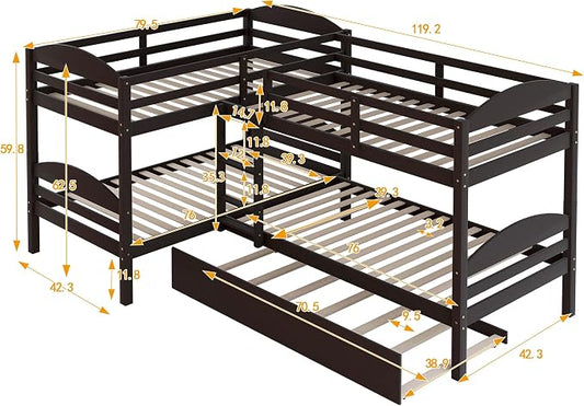 Flieks Four L Shaped Bunk Beds Twin-Over-Twin-Over-Twin-Over-Twin with Trundle, Divides into 2 Beds for 5, Family & Teens, No Box Spring Required