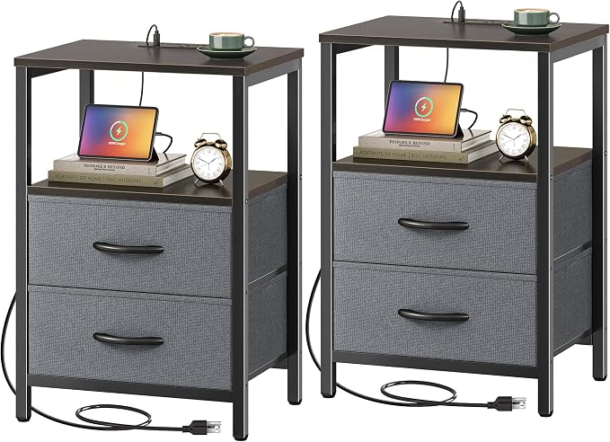 Huuger Nightstands Set of 2, End Tables with Charging Station, Fabric Drawers, Bedside Tables with USB Ports and Outlets, Night Stands for Bedroom, Walnut