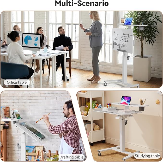 28Inch Glass Mobile Standing Desk On Wheels, Rolling Laptop Stand with Tiltable Desktop, Small Computer Workstation Adjustable Height, 2-Tier Portable Study Table with Storage Shelf, White
