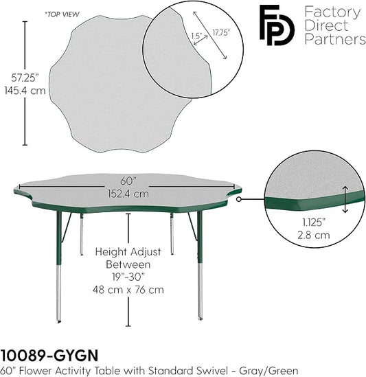 FDP Flower Activity School and Office Table (60 inch), Standard Legs with Swivel Glides for Collaborative Seating Environments, Adjustable Height 19-30 inches - Gray Top and Green Edge