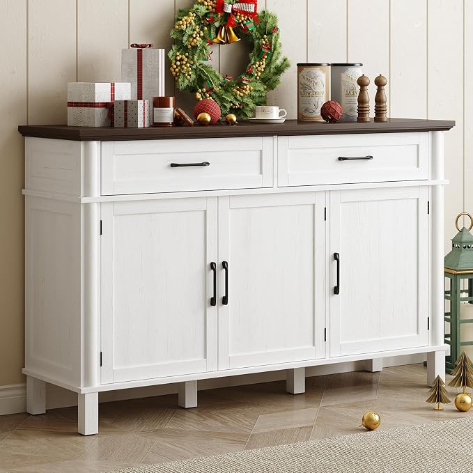 ONBRILL 55 Inch Buffet Cabinet with Storage, Farmhouse Sideboard Buffet w/2 Drawers and 3 Doors, Wood Coffee Bar Cabinet with Adjustable Shelves, Sideboard Storage for Kitchen, Living Room, Off White