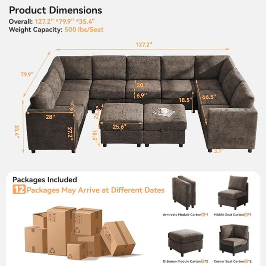 127'' Oversized U Shaped Modular Sofa, Sectional Couches with Storage for Living Room, Modern 9 Seater Cloud Sectional Couch with Movable Ottoman, Chenille Brown