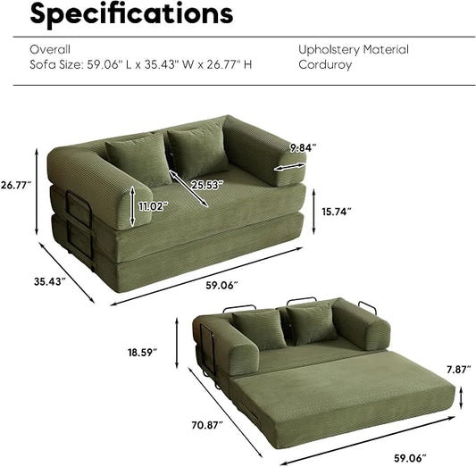 ZEIINPA 59“ Convertible Floor Sofa Bed, 5-in-1 Futon Sofa Bed Pull Out Sleeper Couch, Modern Corduroy Compressed Loveseat, Modular Boneless Couches for Living Room, No Assembly Required, Green