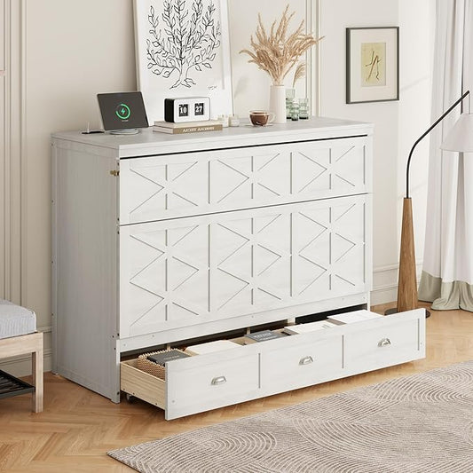 Bellemave Queen Size Murphy Bed, Cabinet Bed with Charging Station and Storage, Farmhouse Murphy Cabinet with Foldable Panel, for Bedroom,Office, Brushed White