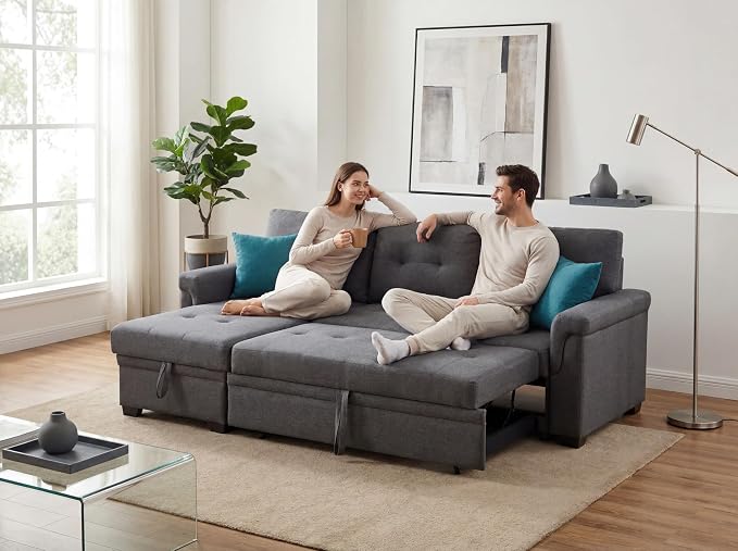Lilola Home Convertible Sectional Sleeper Sofa Bed 84 Inch, L Shaped Couch with Pull Out Bed, Storage Chaise, Removable Back Cushions for Living Room, Office, Linen Fabric, Dark Gray