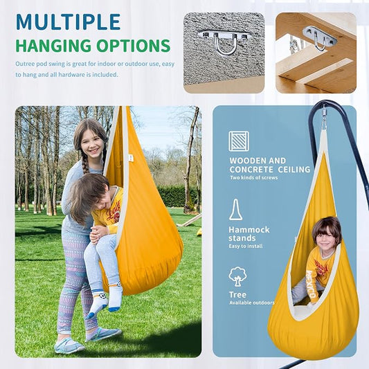 OUTREE Kids Pod Swing Seat, Cotton Child Hammock Swing Chair, Sensory Swing for Indoor and Outdoor Use, Yellow and White