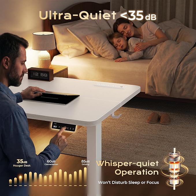 Huuger Electric Standing Desk with Power Outlets and USB-C Port, 47 X 24 Inch Height Adjustable Desk, Sit Stand Desk for Home Office, Computer & Gaming Desk with 4 Presets, Stable Steel Frame, White