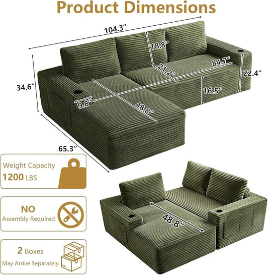 104" Cloud Sectional Couch L-Shaped with Side Pockets Cup Holders, Corduroy Boneless Couch for Living Room,Upholstered Deep-Seat Modular Sectional Sofa, No Assembly Required (Green,Left Facing Chaise)
