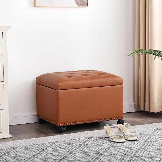 Joveco PU Leather Rolling Storage Ottoman, 24" Tufted Lid, Nailhead Trim & Hidden Storage,Elegant Footrest & Organizer on Caster Wheels for Living Room, Bedroom, Entryway(Orange Brown,Wheels)
