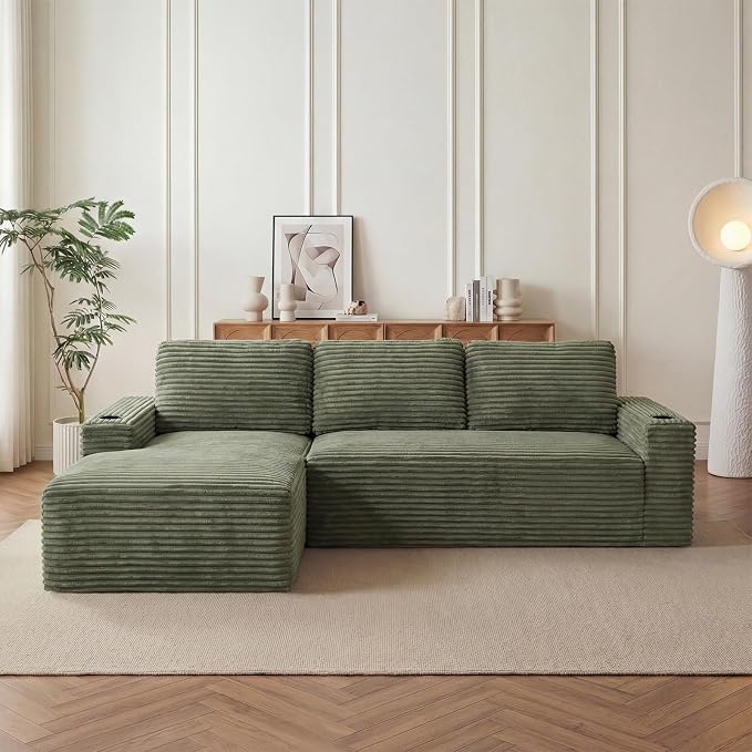 104" L Shaped Boneless Sectional Couches for Living Room, Comfy Corduroy Floor Cloud Sofa with Chaise and Cup Holder, Wide Armrest, Deep Seat, Assembly Free, Ideal for Small Spaces, Green