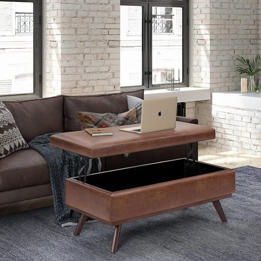 SIMPLIHOME Owen Lift Top Coffee Table Storage Ottoman - 42 inch Wide Upholstered Vegan Leather Rectangular Lift-Top Ottoman in Distressed Saddle Brown, Mid-Century Modern Ottoman for Living Room