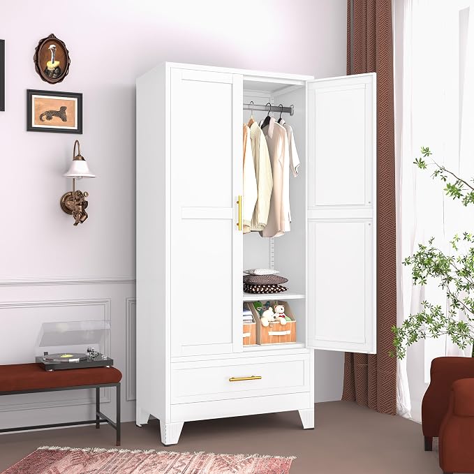 GAIOUS Metal Armoire Wardrobe Closet Cabinet with 2 Doors and Drawer, 71" | Household Wardrobe Cabinet with Hanging Rod, Clothing Storage Cabinet with Adjustable Shelf for Bedroom Cloak Room Gym White