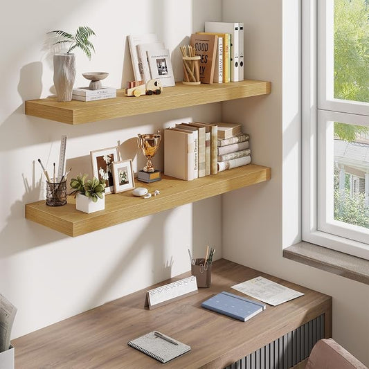 Fun Memories Floating Shelves Set of 3, 40 Inch Long Wooden Wall Shelves, 10 Inch Deep Wall Mounted Storage Shelf with Metal Brackets for Living Room, Bathroom, Bedroom and Kitchen, Oak