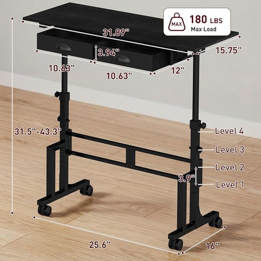 Jsskeeim Adjustable Standing Desk with Drawers, Rolling Sit Stand Desk with Wheels for Walking Pad, Small Mobile Computer Desk for Home Office, Portable Height Adjustable Desk 31.5"-43.3", Black