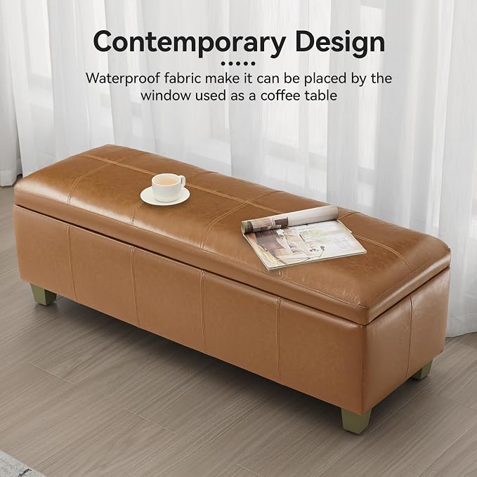 WUTUTUEE 51" Faux Leather Storage Ottoman, Stitch Tufted Rectangle Upholstered End of Bed Storage Bench, Entryway Large Couch Ottoman with Wooden Legs, Light Brown