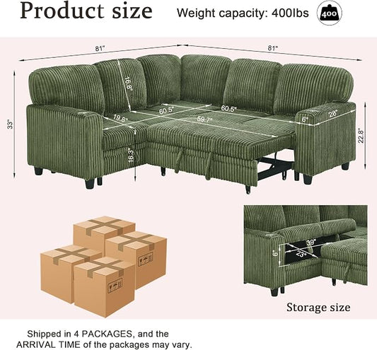 Sectional Sleeper Sofa with Pull Out Bed, Plush Corduroy L-Shaped Couch with Storage, USB Ports, Cup Holders, Comfy Sectional Couches for Living Room, Apartment, Green