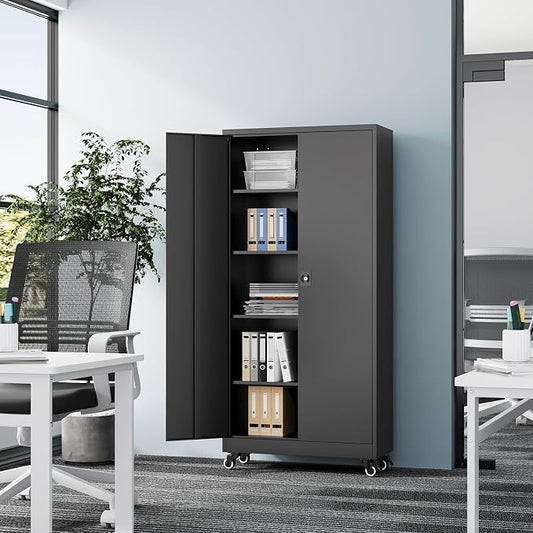 Fesbos Metal Rolling Storage Cabinet-74.6” Tall Steel File Cabinets with Wheels Lockable Doors and Adjustable Shelves-Black Steel Storage Cabinet for Home, School, Office, Garage
