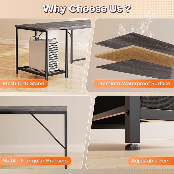 PRAISUN 66" L Shaped Gaming Desk with LED Lights & Power Outlets, Computer Desk with Fabric Drawers and Print Stand, Corner Office Desk, Monitor Stand, Mesh CPU Stand, Grey