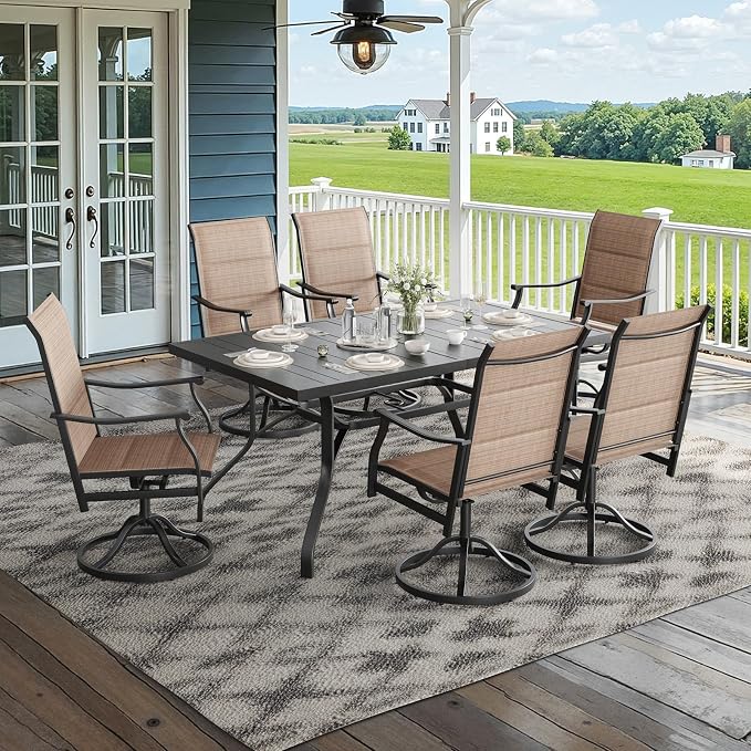 Soohow Patio Dining Set for 6, 7-Piece Outdoor Dining Table and Chairs Set, 6 x Swivel Outdoor Chairs with Paded Textilene and 60"x35" Patio Table with 1.57" Umbrella Hole for Poolside, Backyard