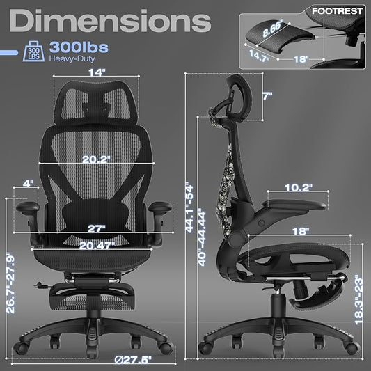 ELABEST X100 Ergonomic Mesh Office Chair with Footrest, Big and Tall Home Desk Chair with 5D Flip-Up Arms, Adjustable 3D Lumbar Support, Gaming & Executive Computer Chair, Night Reaper