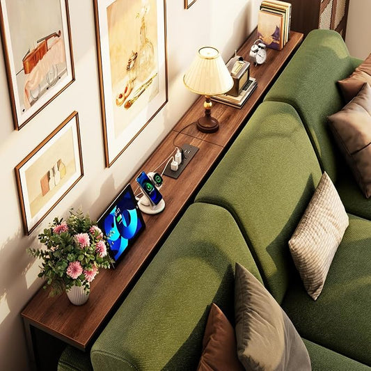 Slim Console Table with Outlet & Height Adjustable, 66'' Behind Sofa Table | Sofa Console Table with 3 AC Outlets & 2 USB Ports, Height(25.2''–31.3'') Slim Sofa Table Behind Couch for Living Room, Brown