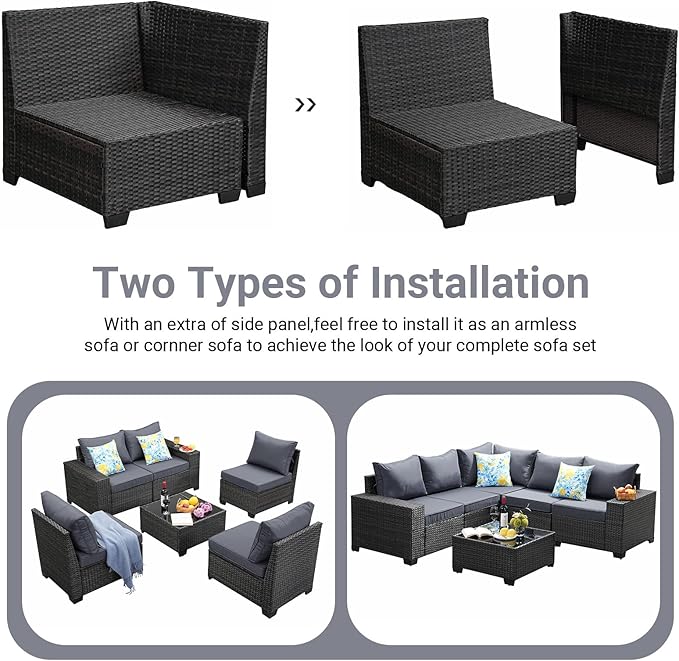Jing's Villa 6-Piece Patio Furniture Set, All-Weather Outdoor Wicker Sectional Sofa with Cushions, Glass Table & Left and Right Armrest, Rattan Conversation Seating for Porch, Garden, Backyard,Grey
