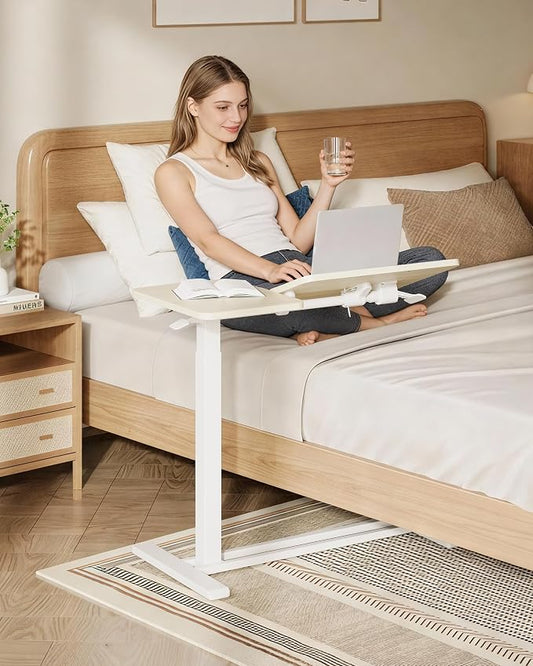 SANODESK Small Rolling Overbed Table Adjustable Height with Wheels, Mobile Laptop Desk with Tilting Desktop, Portable Computer Workstation for Home Office, Classroom, Bedside, Wood Grain