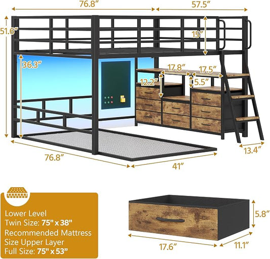 busyaeh Bunk Bed Full Over Twin,Low Bunk Bed with 8 Drawers & 4 Shelves & 15" H Safety Guardrail,bunk Bed with Desk & LED Lights and Charging Station,L-Shaped Bunk Beds with Stairs,Vintage Brown