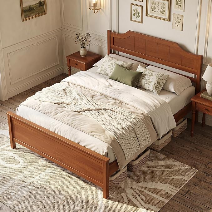 Giantex Full Size Wooden Bed Frame with Headboard, Wood Slat Support | Farmhouse Platform Bed with Heavy Duty Mattress Foundation, Under-Bed Storage, No Box Spring Needed, Easy Assembly (Walnut)