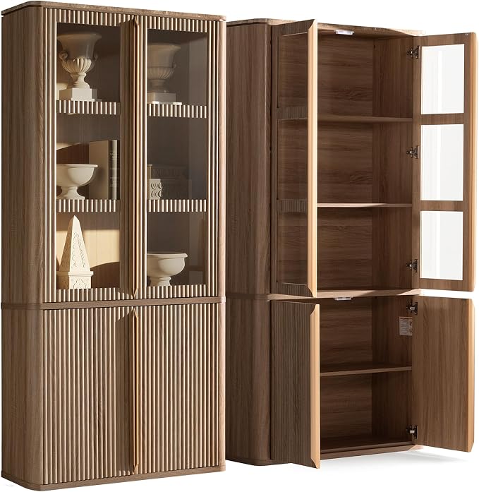 77" Tall Storage Cabinet - Fluted Pantry Cabinets with Glass Doors, Wooden Kitchen Food Cupboard, Adjustable Shelves, Modern Display Storage Closet for Living Room, Dining Room, Office, Oak 2pcs