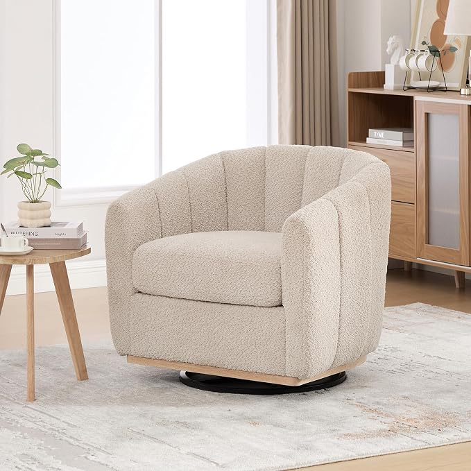 Swivel Barrel Chair, 360 Degree Round Swivel Accent Chair for Living Room, Mid Century Modern Upholstered Accent Chair,Comfy Tufted Sofa Armchairs for Bedroom,Nursery,Boucle,Wheat