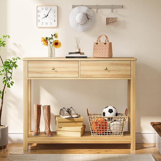 Gizoon 2 Drawer Console Table, 2-Tier Wood Entryway Table with Storage Shelves, 39" W Wood Accent Sofa Table for Front Hall, Hallway, Living Room, Oak Color