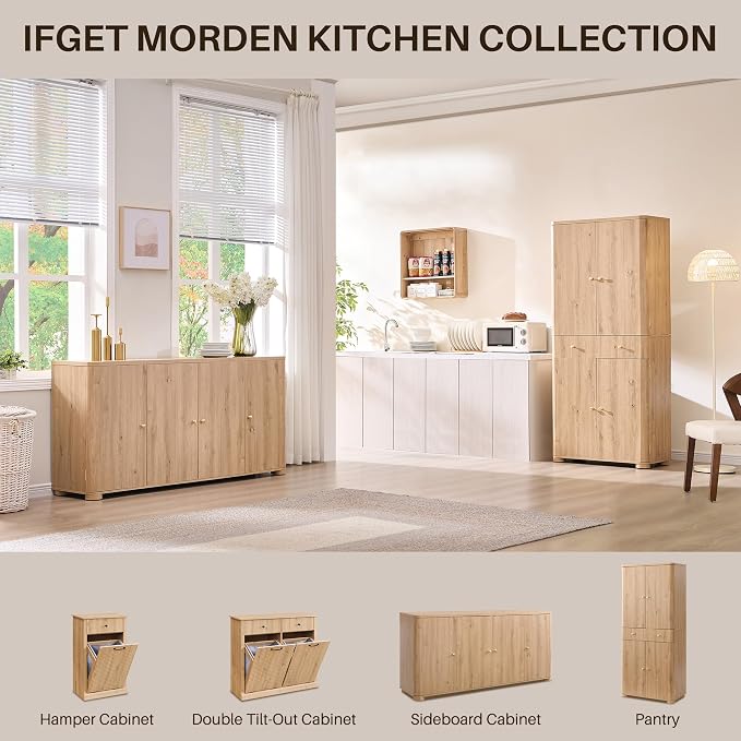 IFGET Curved Buffet Cabinet with Doors, 66" Large Sideboard Buffet Storage Cabinet with 4 Doors and Shleves, Modern Coffee Bar Station Wood Kitchen Table for Kitchen, Dining Room, Natural