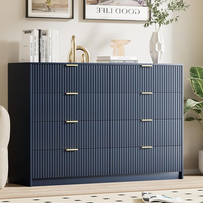 Furniway Navy Blue Dresser for Bedroom, Modern Dresser with 8 Drawers and Smooth Slides, Wide Chest of Drawers with Golden Handles for Bedroom, Closet, 15.7" D x 55" W x 37.4" H