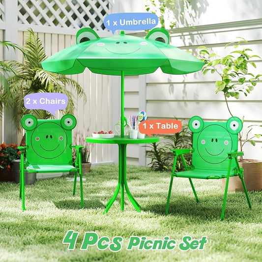 HONEY JOY Kids Picnic Table, Animal Themed Toddler Outdoor Table and Chair Set, 2 Folding Chairs & Removable Umbrella, Children Outdoor Furniture for Backyard Patio Garden (Green Frog)