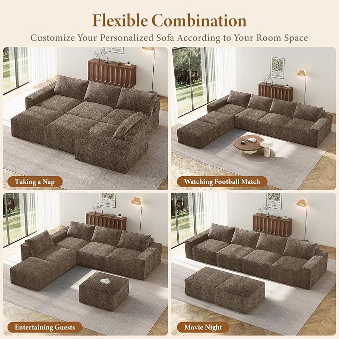 Vesgantti 145.6" Modular Boneless Couch, Modern U Shaped 6 Seater Sectional Sofa with 2 Ottoman & Deep Seat, Convertible Chenille Cloud Couches for Living Room, No Assembly Required, Dark Brown