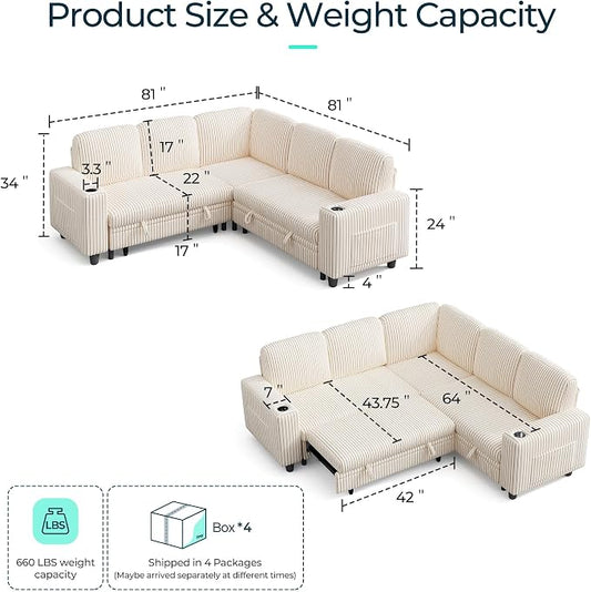 LINSY HOME 81" Modular Sectional Couch with Pull Out Bed, L Shaped 5 Seats Sofa with Storage Loveseat, Corduroy Convertible Sofa Bed, USB, Cup Holders, Side Pocket, Sleeper Sofa for Living Room, Beige
