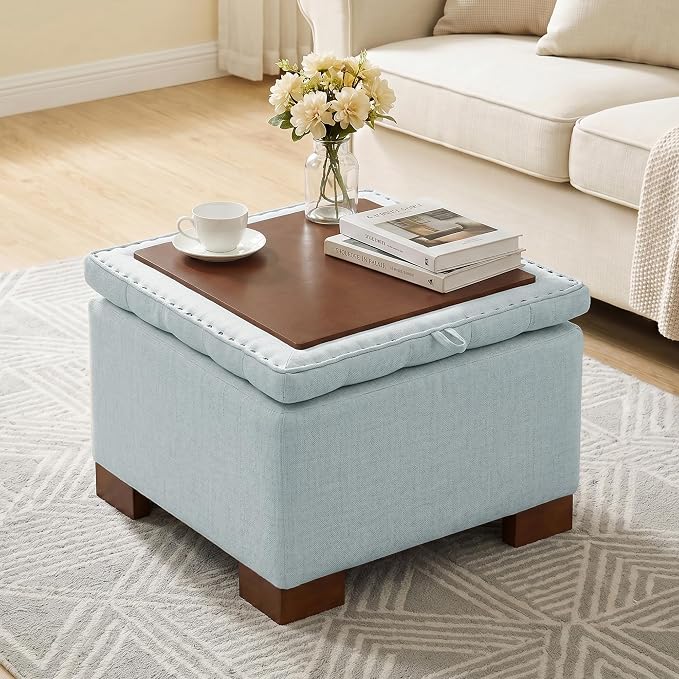 24 Inch Square Storage Ottoman Coffee Table, Modern Tufted Upholstered Ottoman with Flip Tray and Solid Wood Legs, Suitable for Living Rooms, Linen Blue