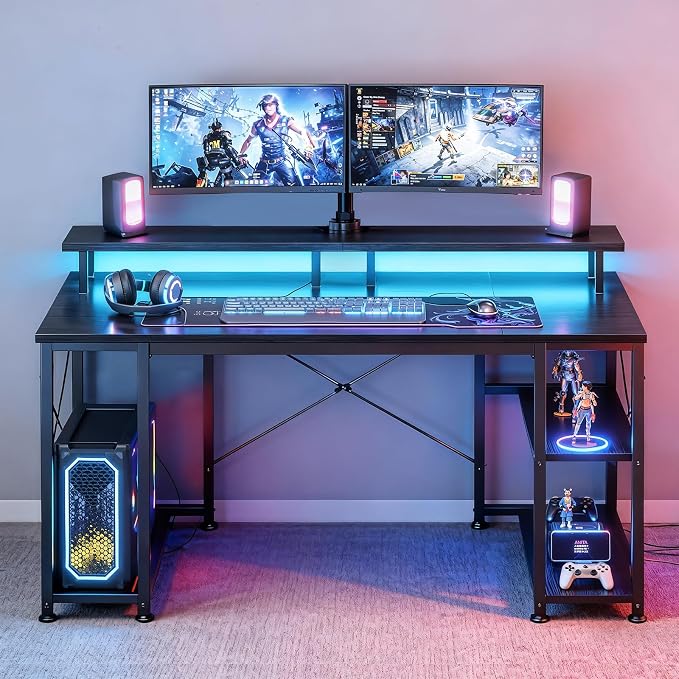 ODK 55 inch Gaming Desk with LED Lights & Power Outlets, Computer Desk with Monitor Stand & Storage Shelves, CPU Stand, Home Office Desk, Black