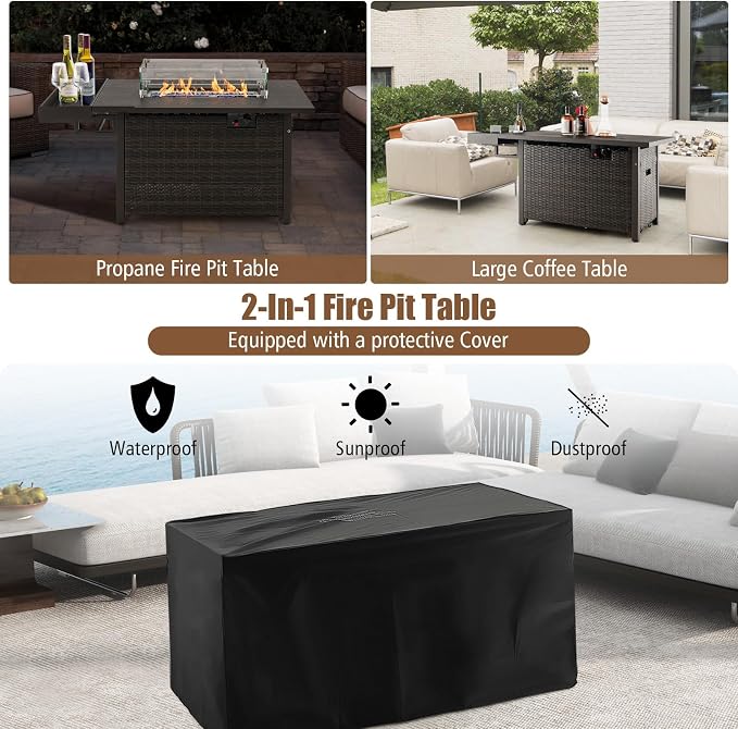 Tangkula Patio Propane Fire Pit Table, 52 Inch Wicker Gas Fire Pit with Wind Guard & Extended Shelf, 50,000 BTU Heat Output, Rectangular Fire Table with Blue Fire Stone & Waterproof Cover (Brown)